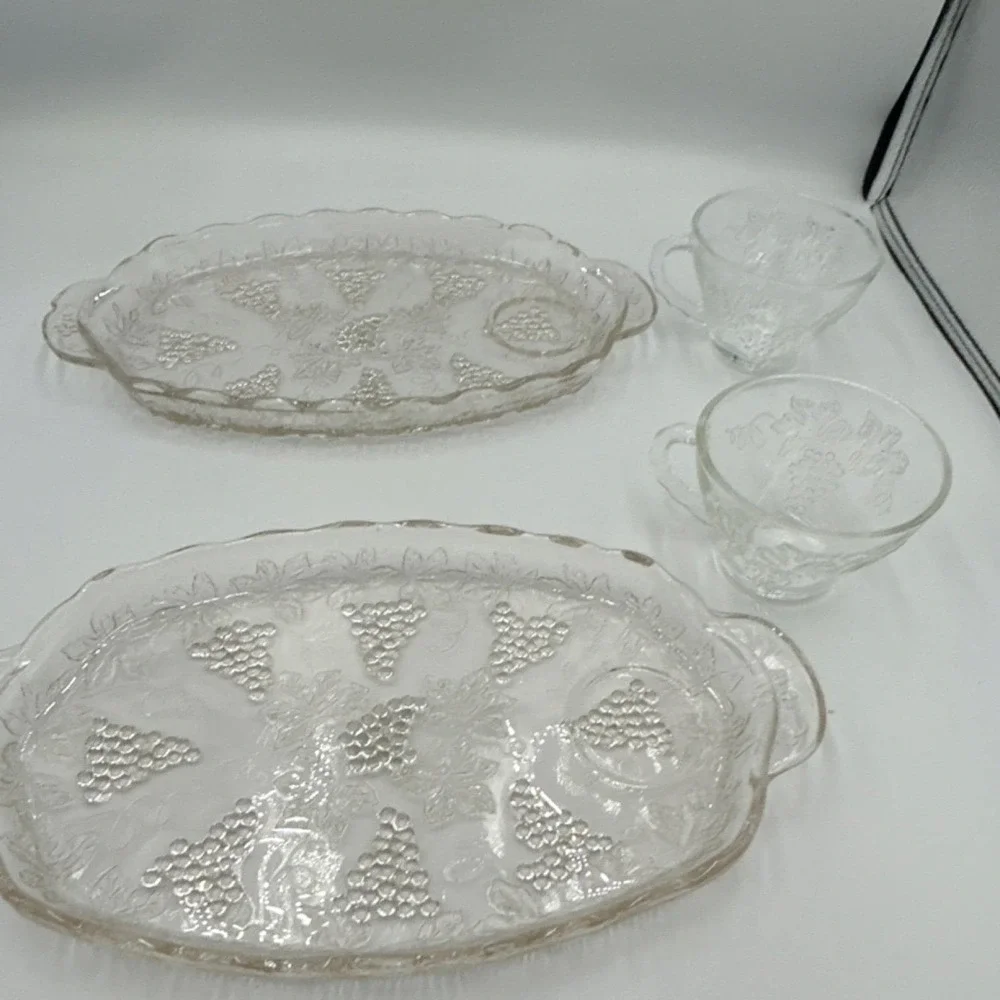 Pressed Glass Oval Snack Tray Grape Leaf Pattern with Matching Cups Two sets